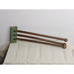 Vintage Wooden 3 Arm Swing Towel Holder Original Worn Green Paint 13.5L